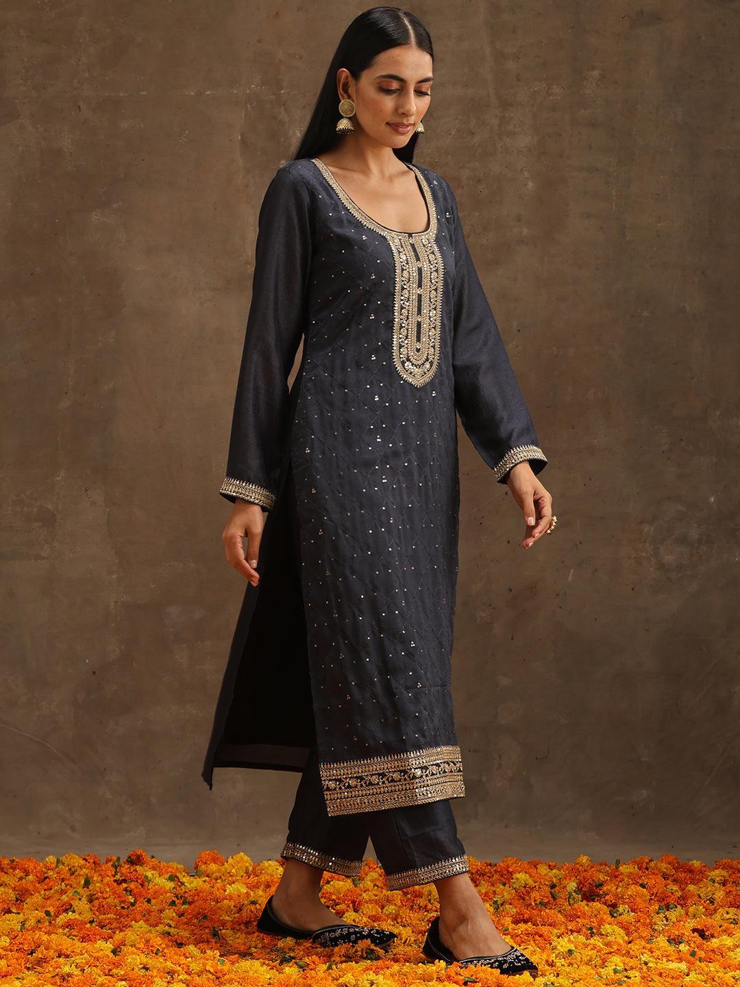 Grey Embroidered Silk Blend Suit Set With Trousers