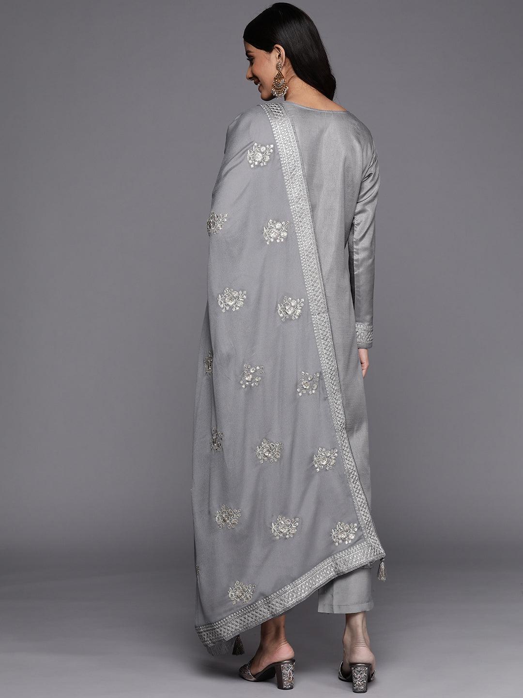 Grey Embroidered Silk Blend Straight Suit Set