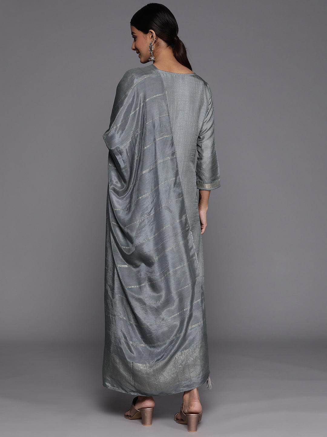 Grey Embroidered Silk Blend Suit Set With Trousers