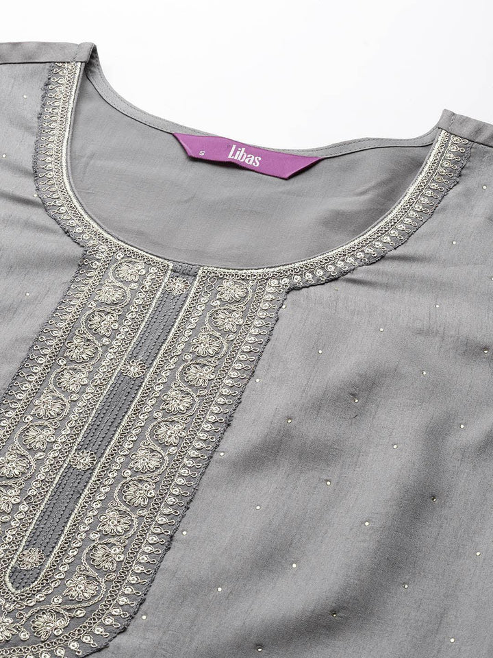 Grey Embroidered Silk Blend Straight Suit Set - ShopLibas