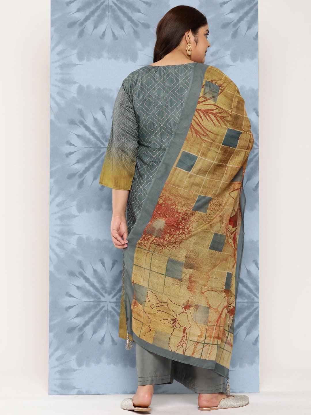 Grey Embroidered Silk Blend Straight Kurta With Trousers and Dupatta