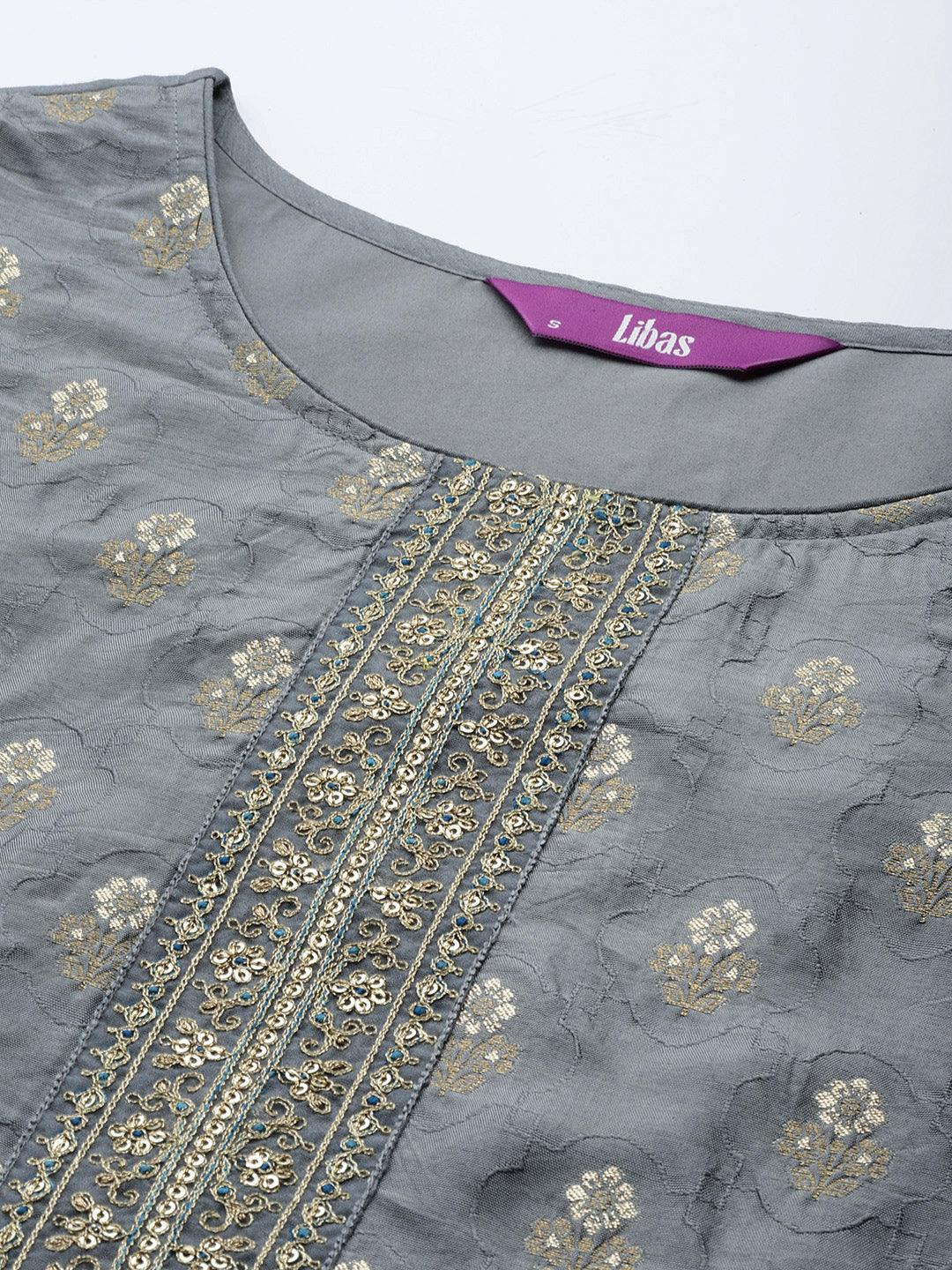 Grey Embroidered Silk Blend Suit Set With Trousers