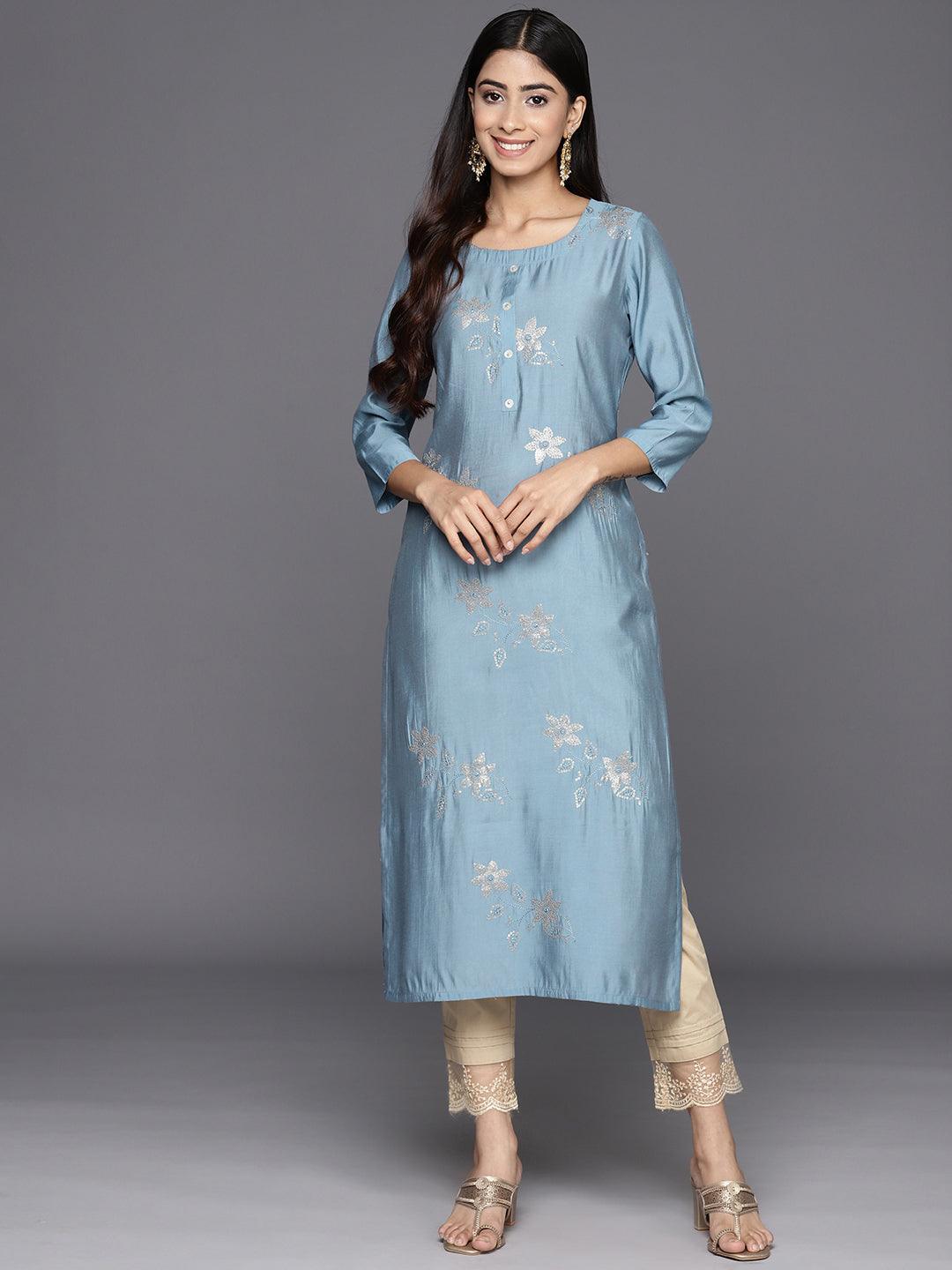 Grey Embroidered Silk Straight Kurta - Libas