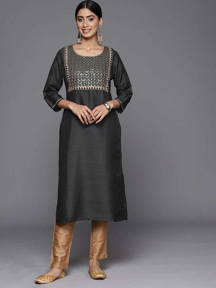 Grey Embroidered Silk Straight Kurta - ShopLibas