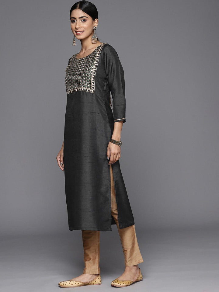 Grey Embroidered Silk Straight Kurta - ShopLibas