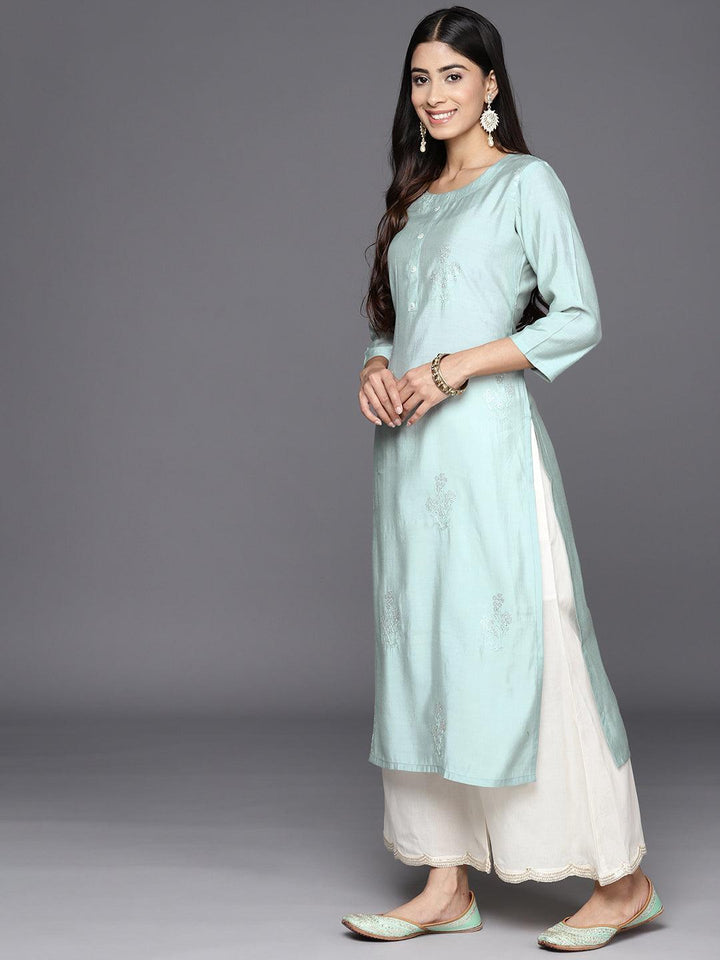 Grey Embroidered Silk Straight Kurta - Libas