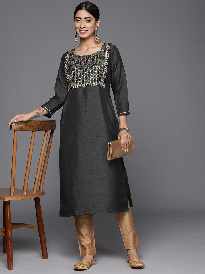 Grey Embroidered Silk Straight Kurta - ShopLibas