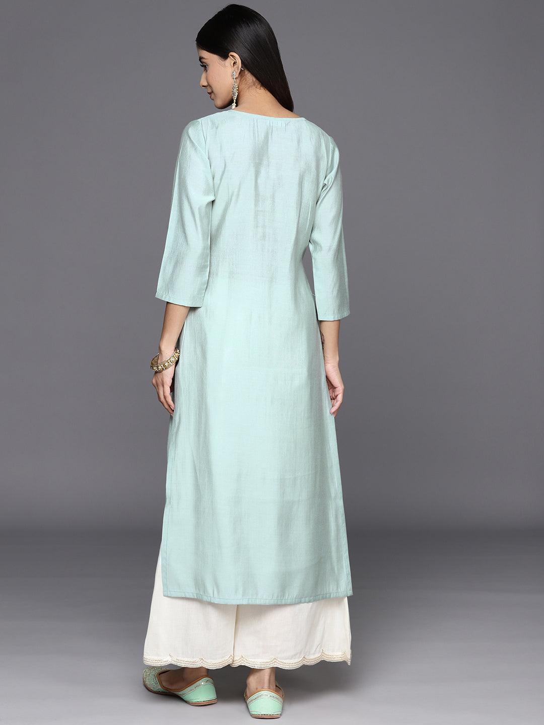 Grey Embroidered Silk Straight Kurta - Libas