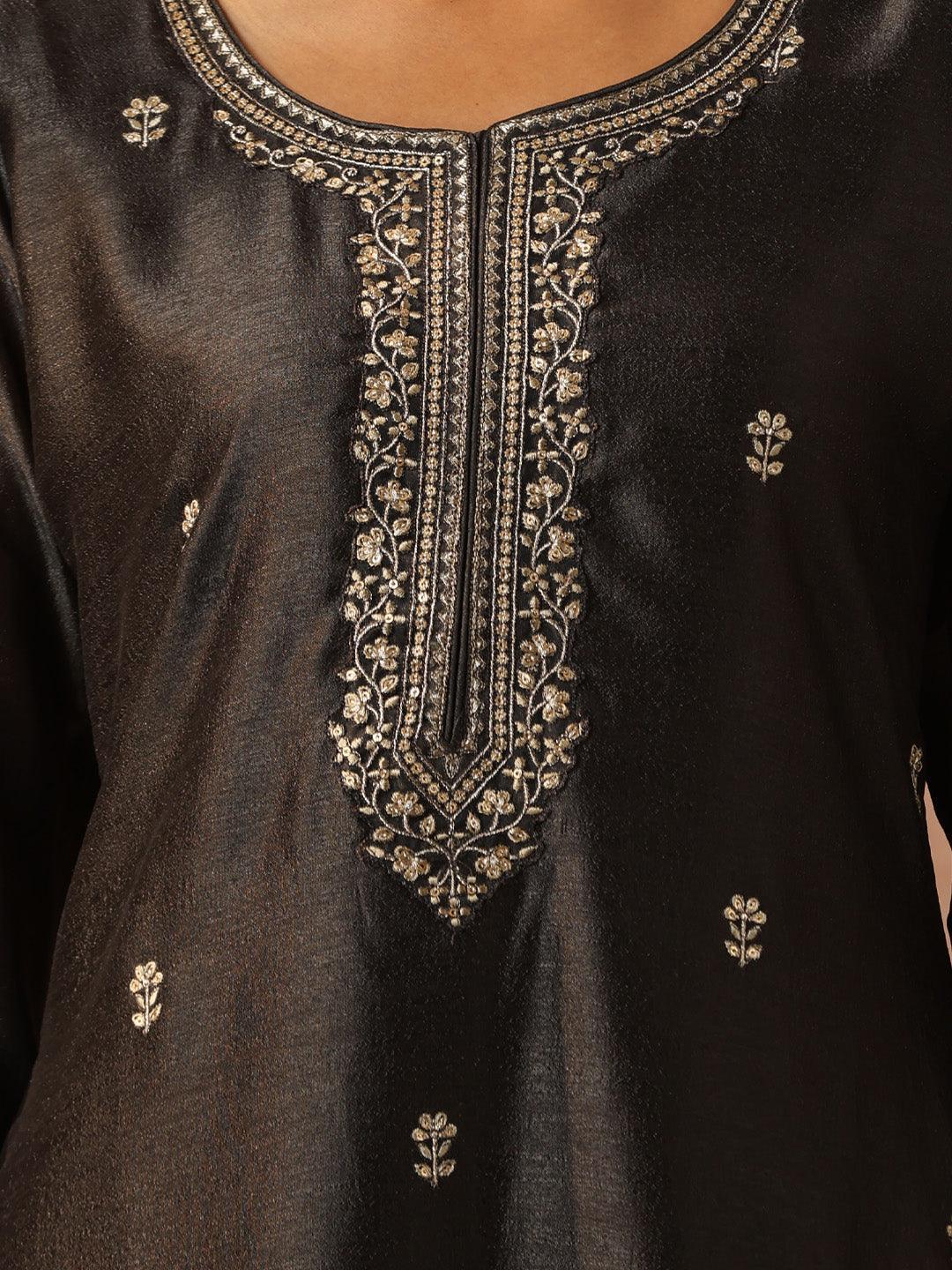 Grey Embroidered Silk Straight Kurta