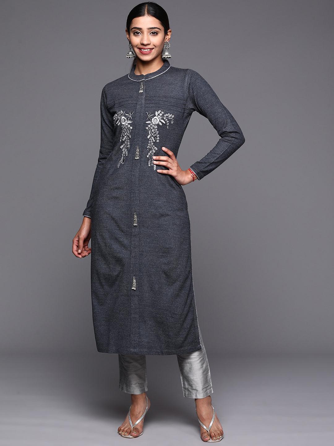 Grey Embroidered Wool Straight Kurta