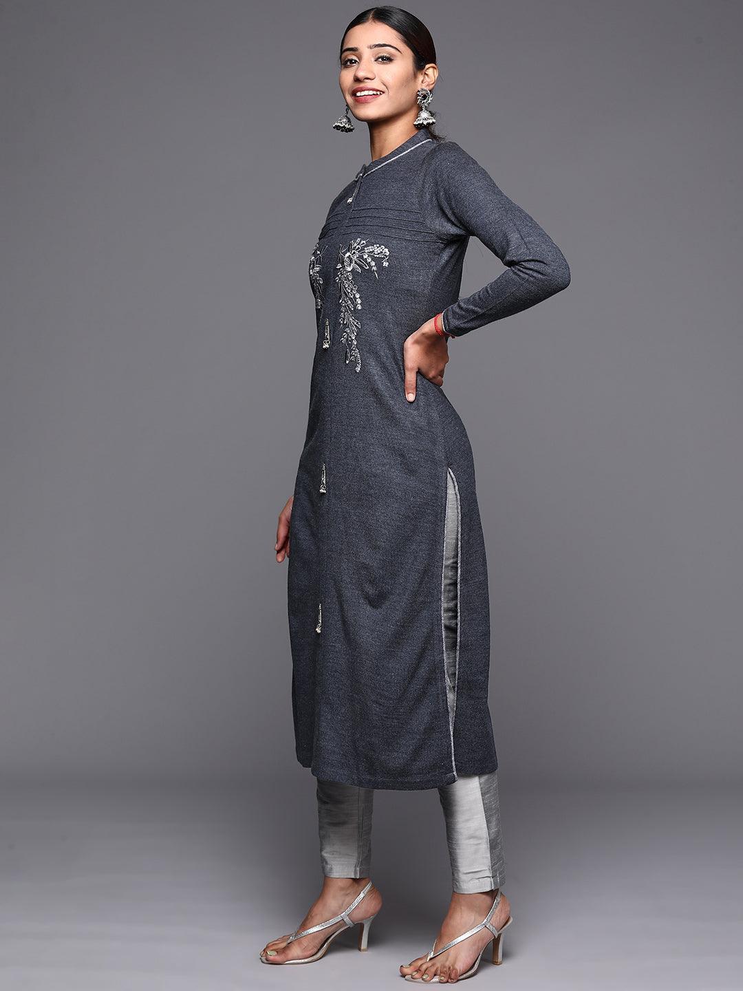 Grey Embroidered Wool Straight Kurta