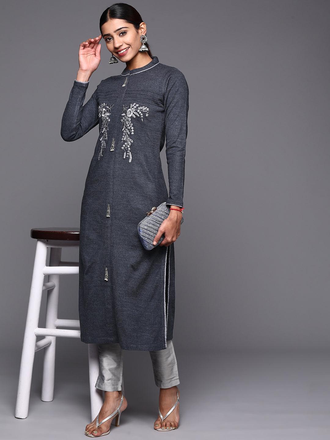 Grey Embroidered Wool Straight Kurta