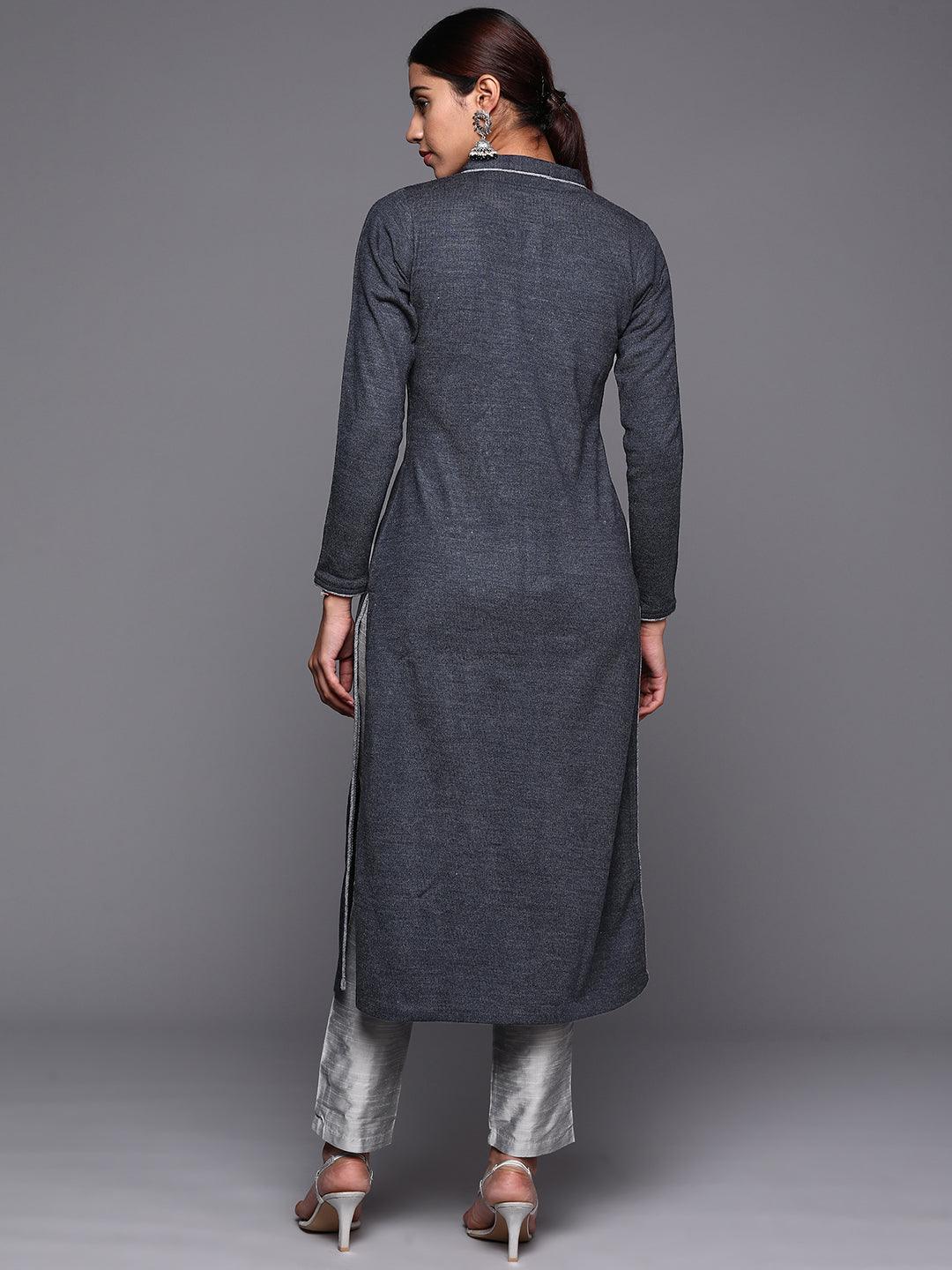 Grey Embroidered Wool Straight Kurta