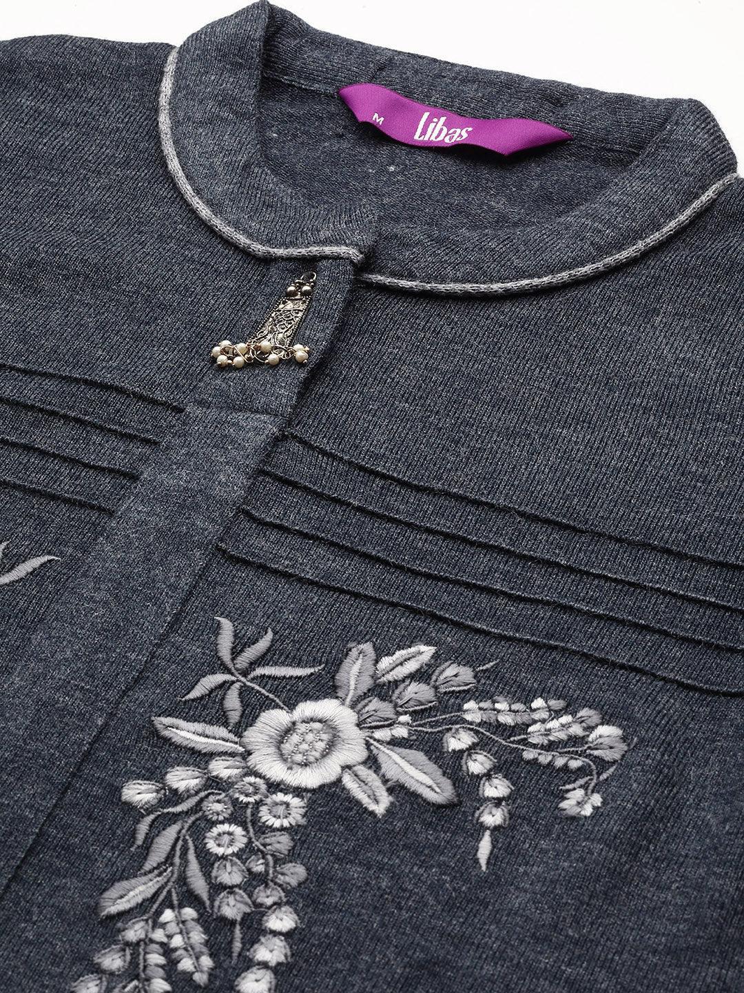 Grey Embroidered Wool Straight Kurta