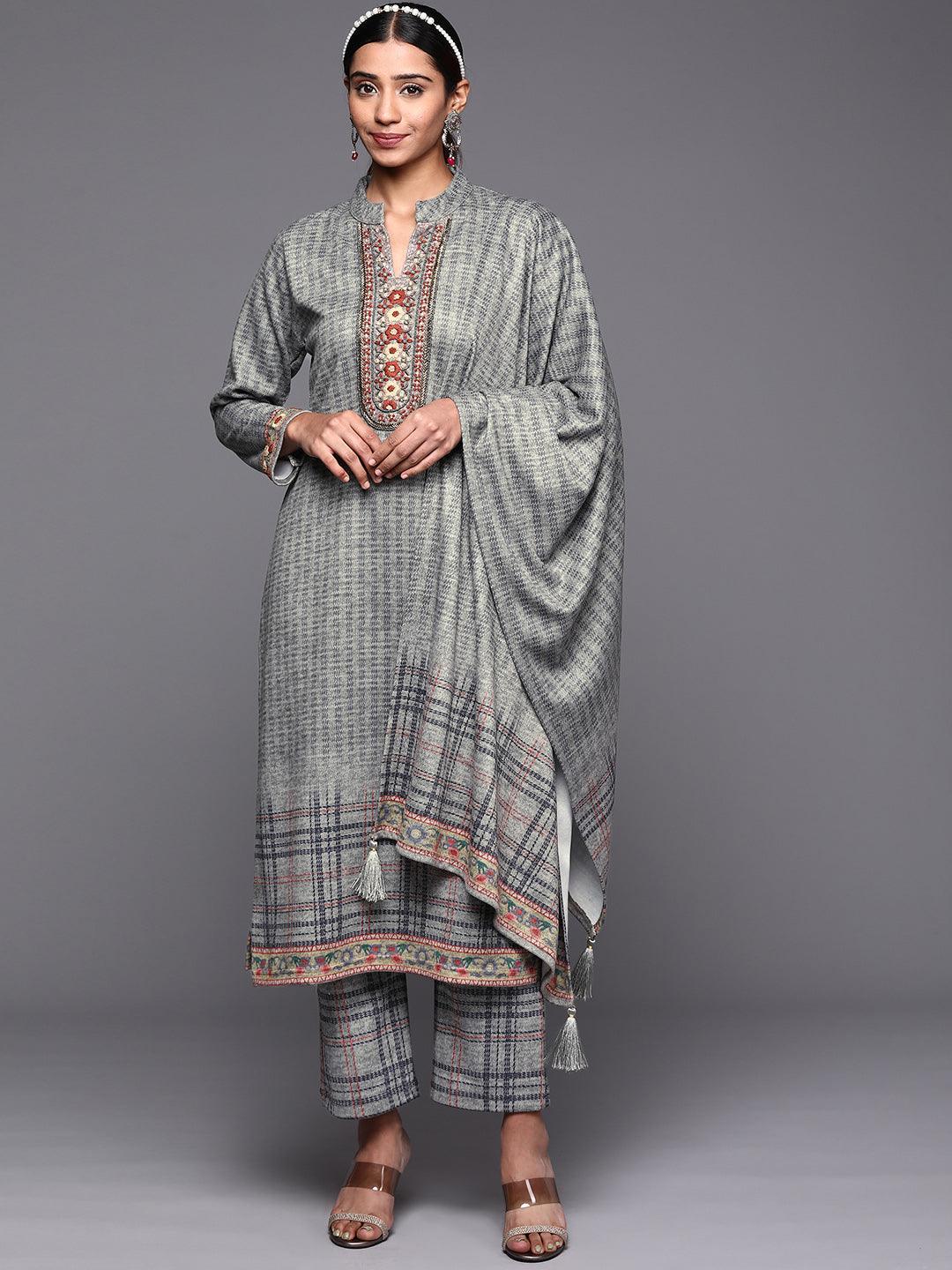 Grey Embroidered Wool Straight Suit Set