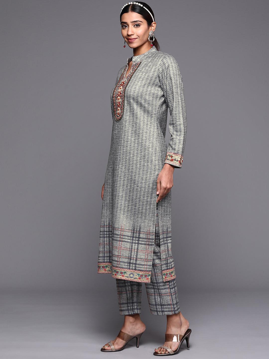 Grey Embroidered Wool Straight Suit Set