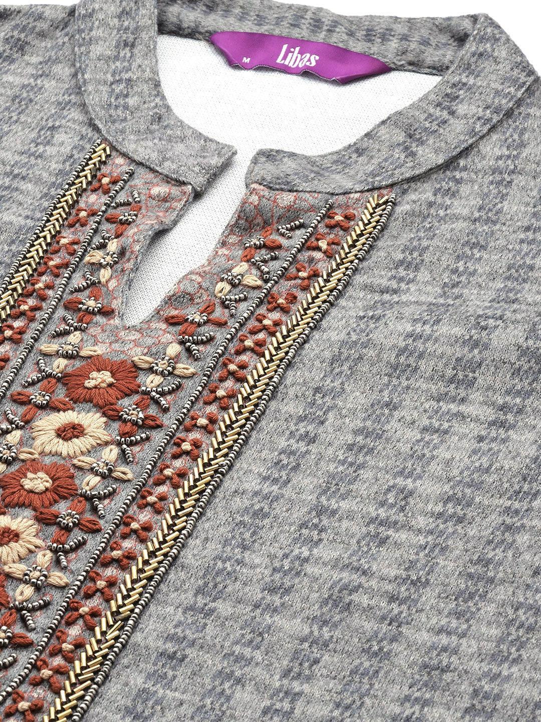 Grey Embroidered Wool Straight Suit Set - ShopLibas