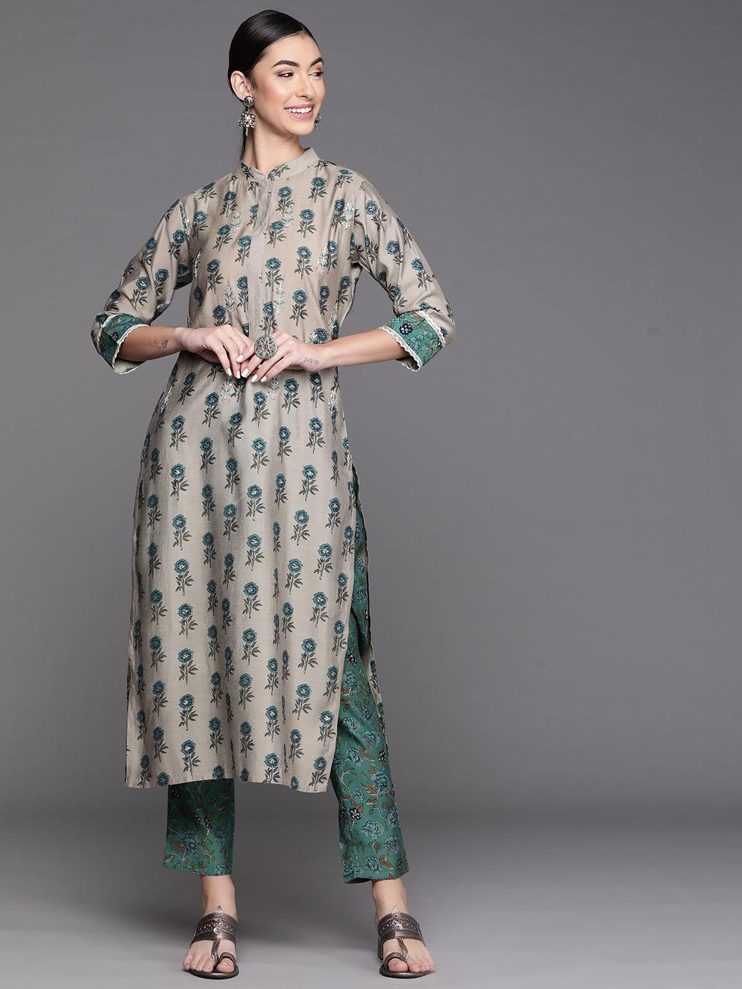 Grey Printed Chanderi Silk Kurta