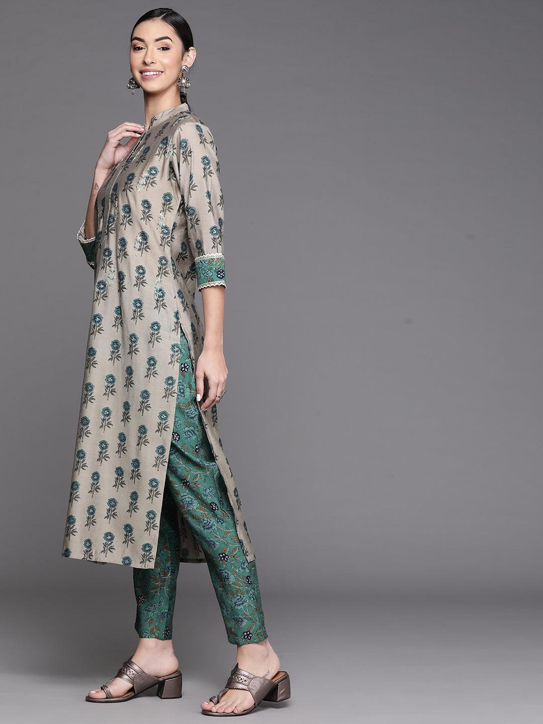 Grey Printed Chanderi Silk Kurta