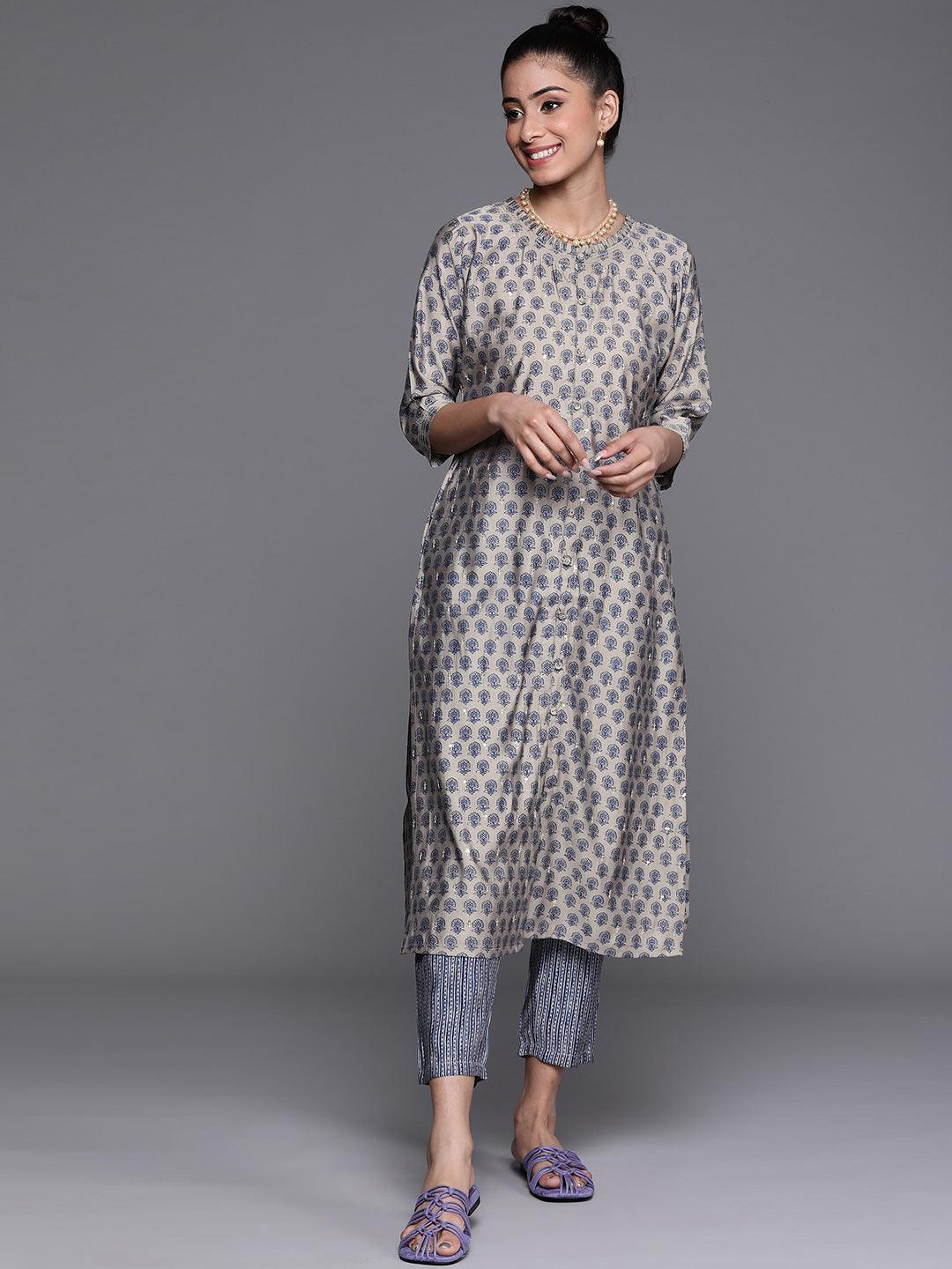 Grey Printed Chanderi Silk Kurta - Libas