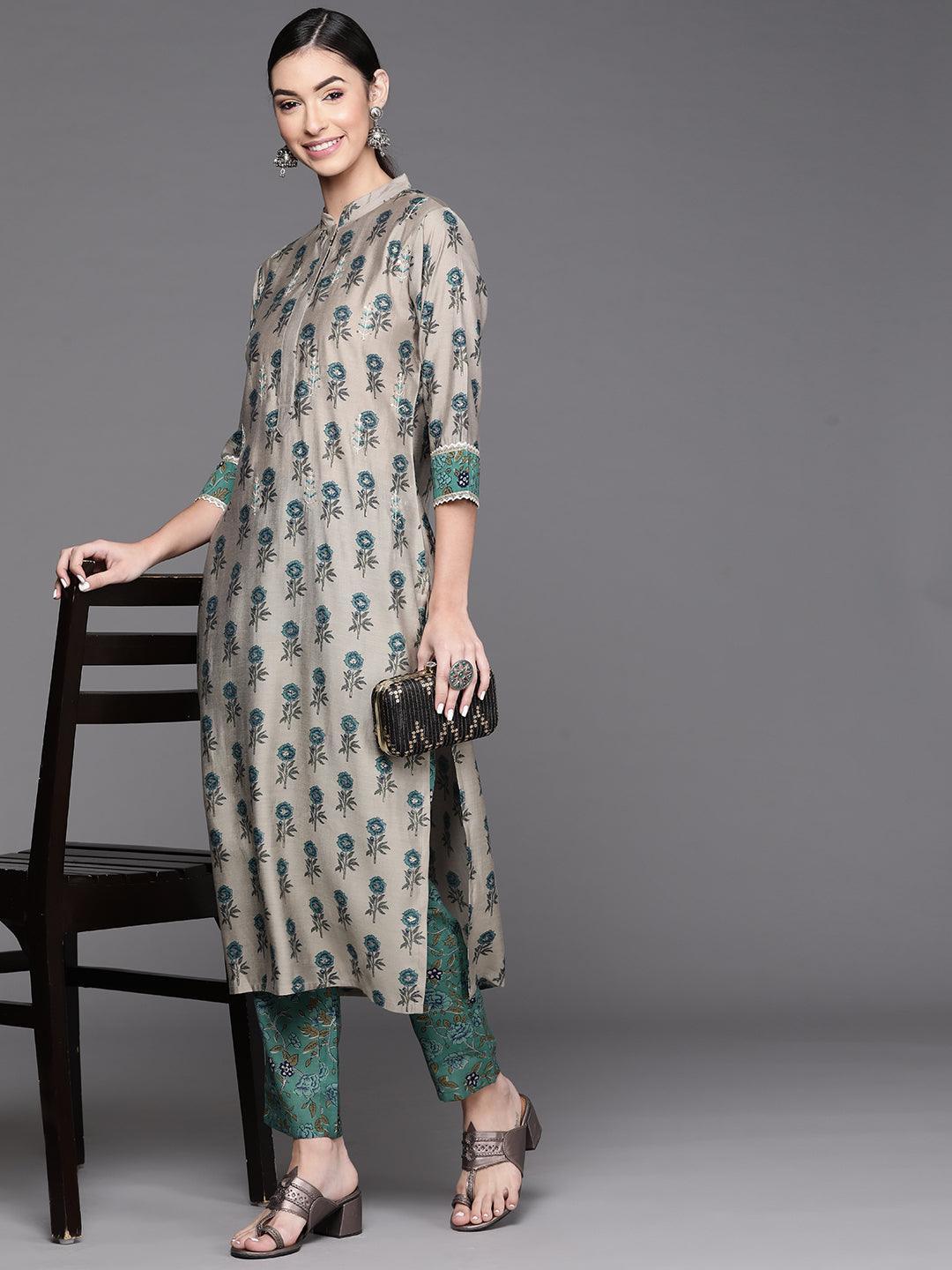 Grey Printed Chanderi Silk Kurta