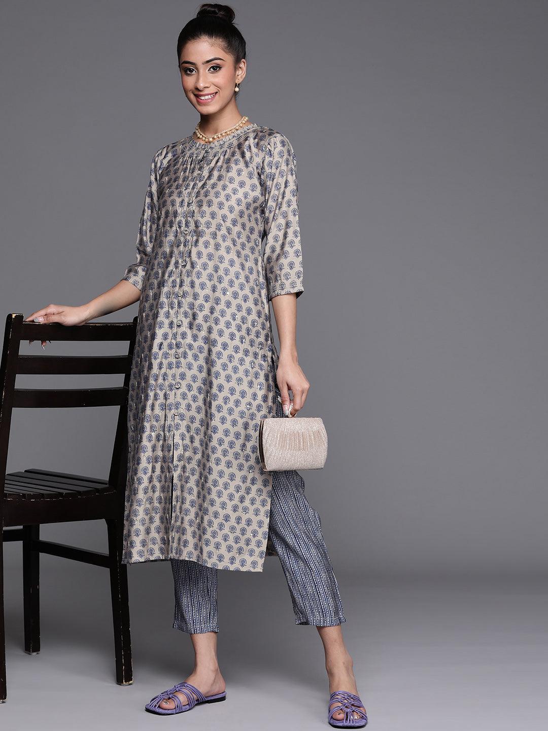 Grey Printed Chanderi Silk Kurta