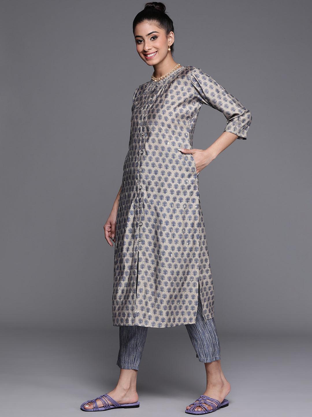 Grey Printed Chanderi Silk Kurta - Libas