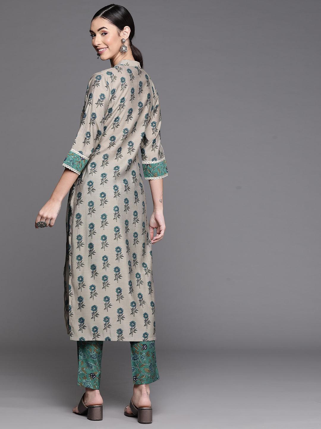 Grey Printed Chanderi Silk Kurta