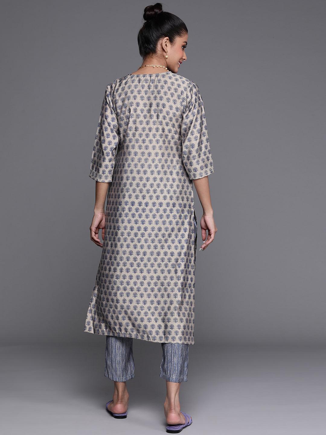 Grey Printed Chanderi Silk Kurta