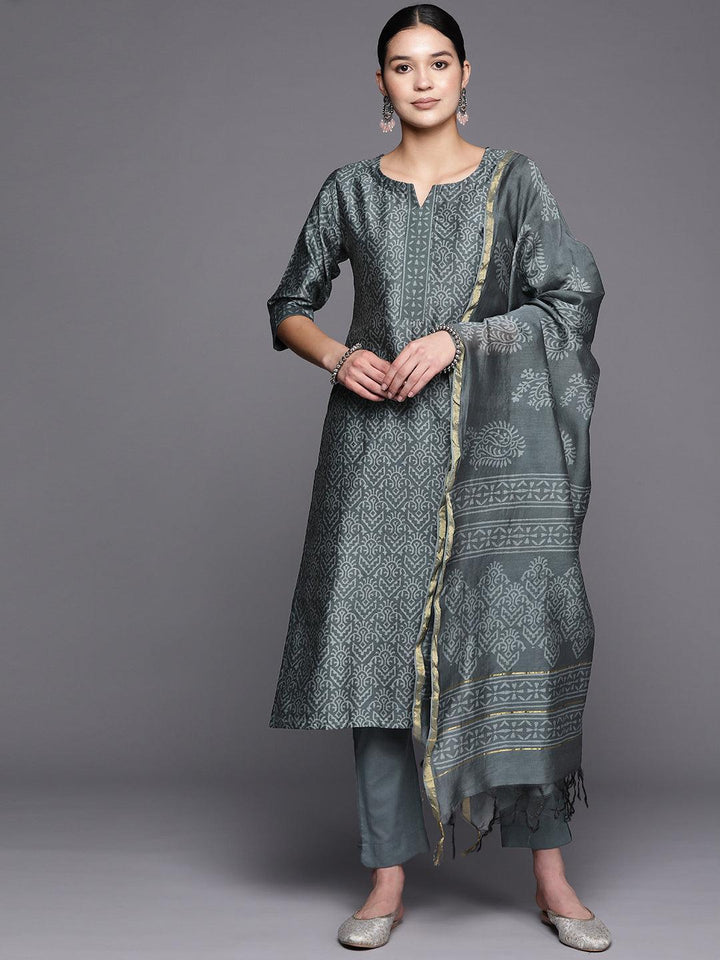 Grey Printed Chanderi Silk Straight Suit Set With Trousers - ShopLibas