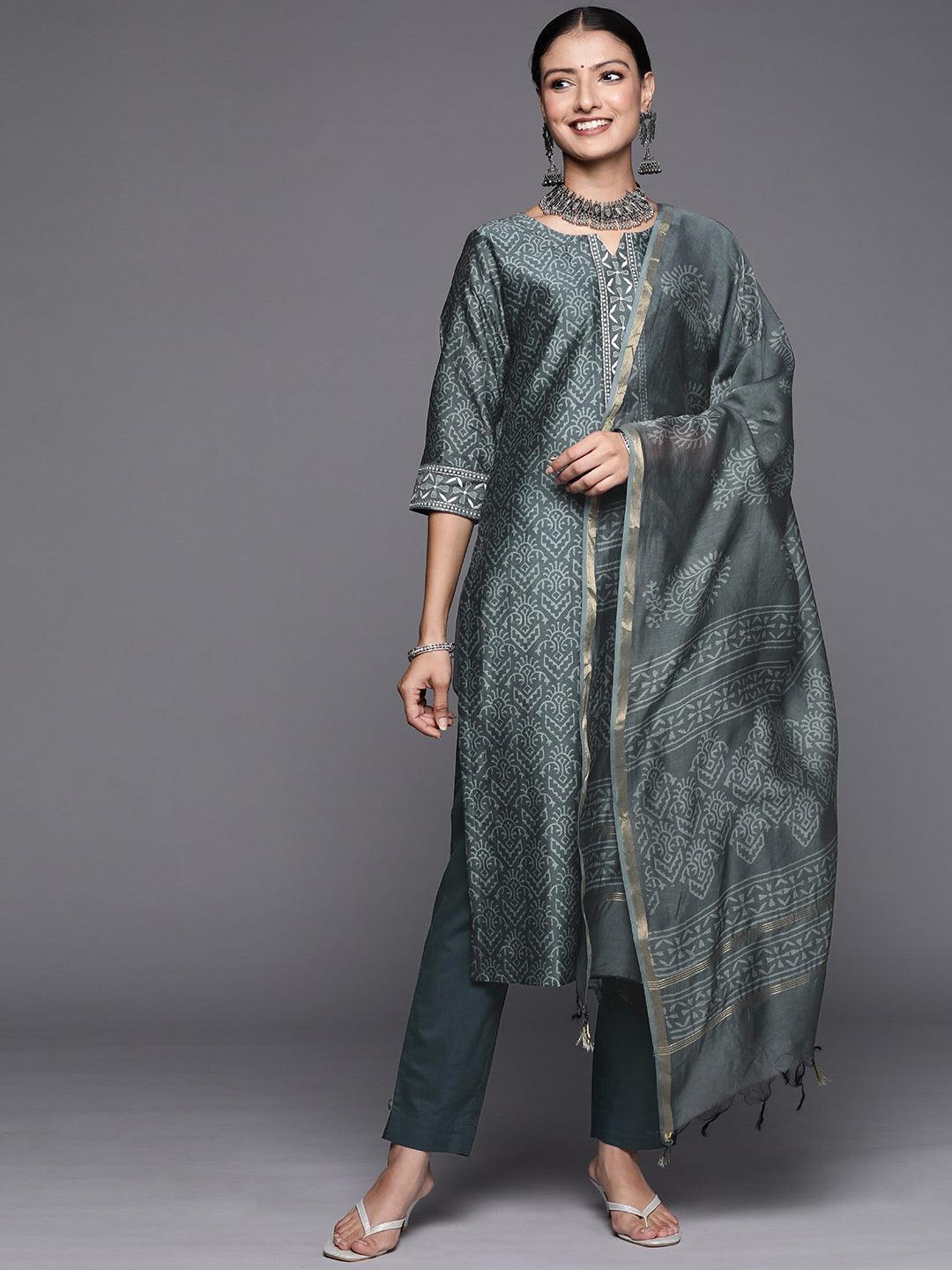 Grey Printed Chanderi Silk Straight Suit Set