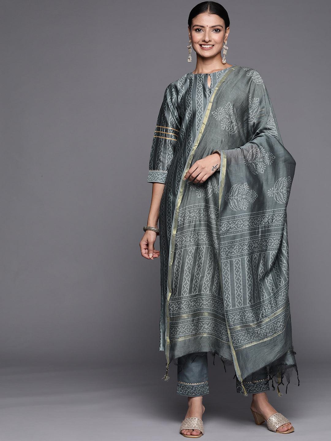 Grey Printed Chanderi Silk Straight Suit Set