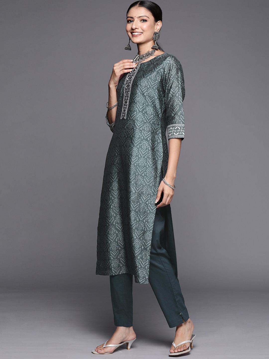 Grey Printed Chanderi Silk Straight Suit Set