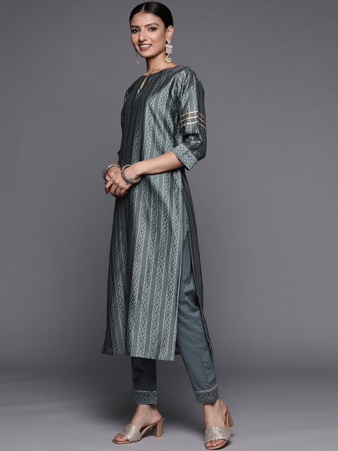 Grey Printed Chanderi Silk Straight Suit Set