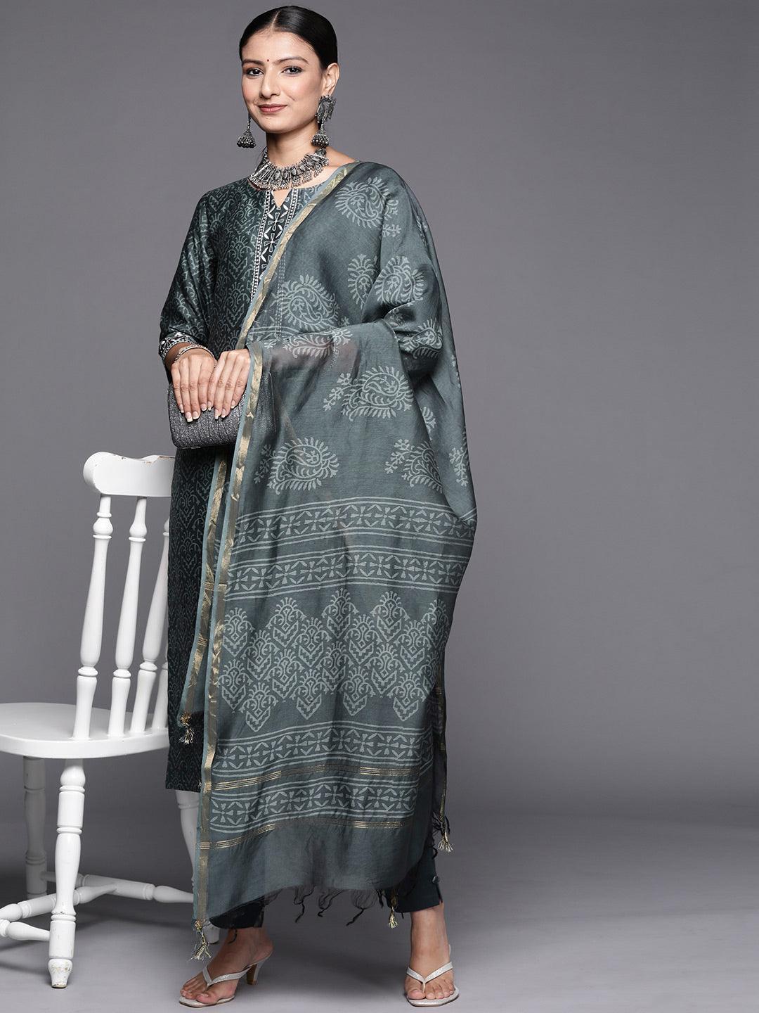 Grey Printed Chanderi Silk Straight Suit Set