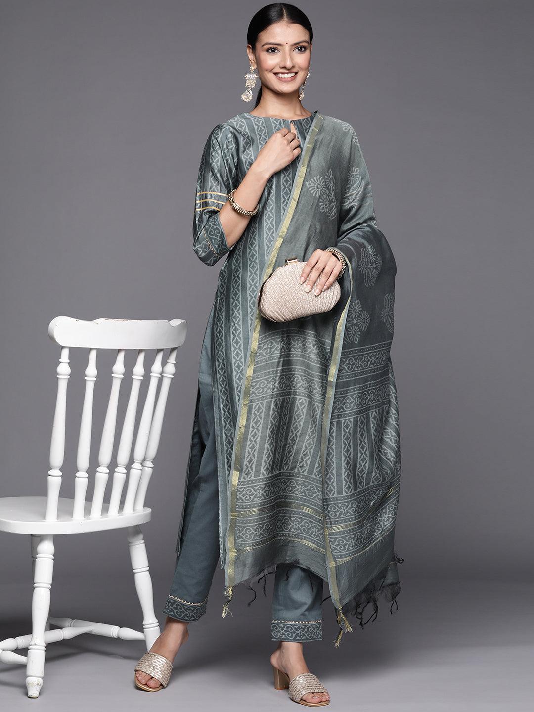 Grey Printed Chanderi Silk Straight Suit Set