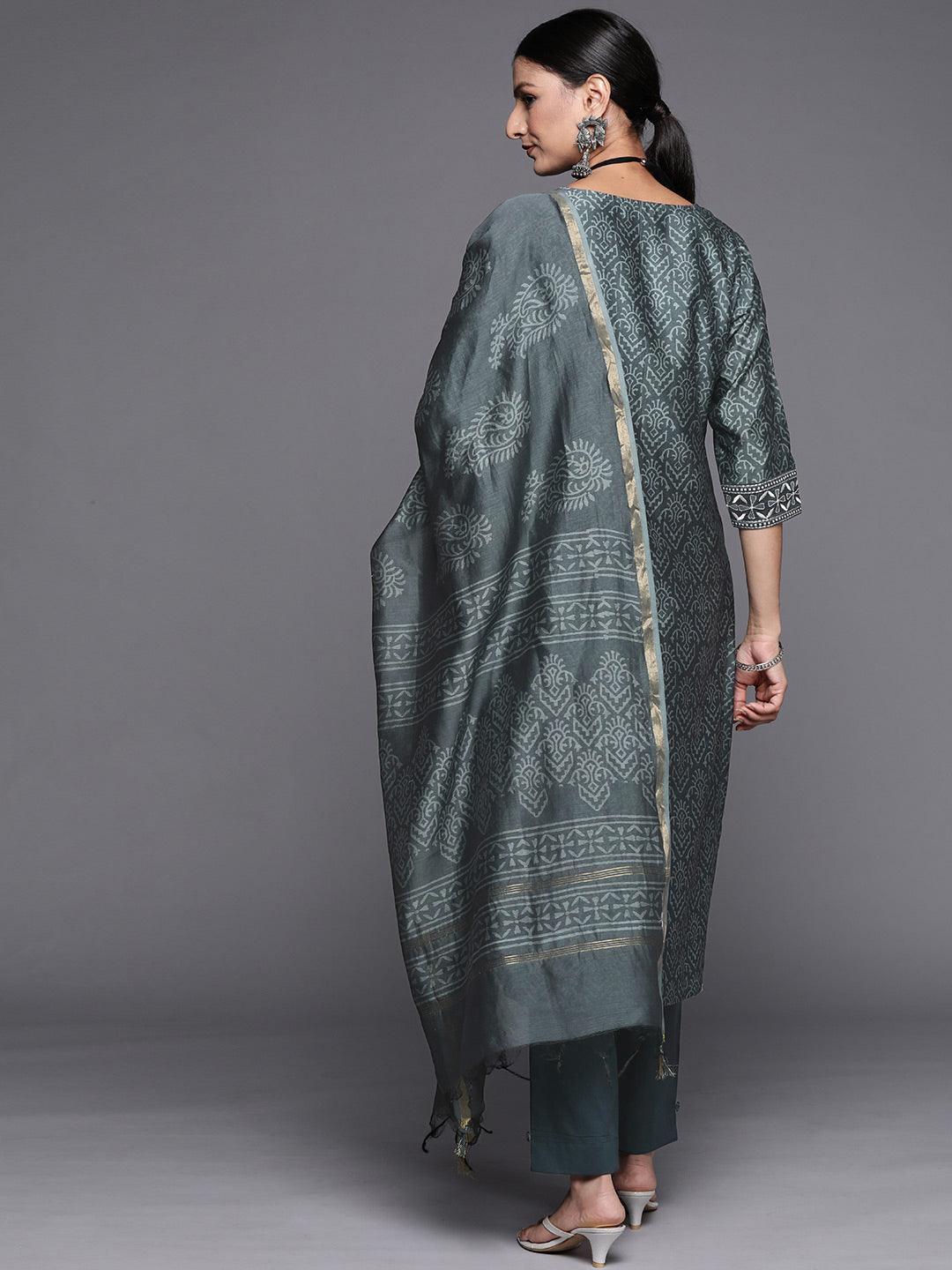 Grey Printed Chanderi Silk Straight Suit Set