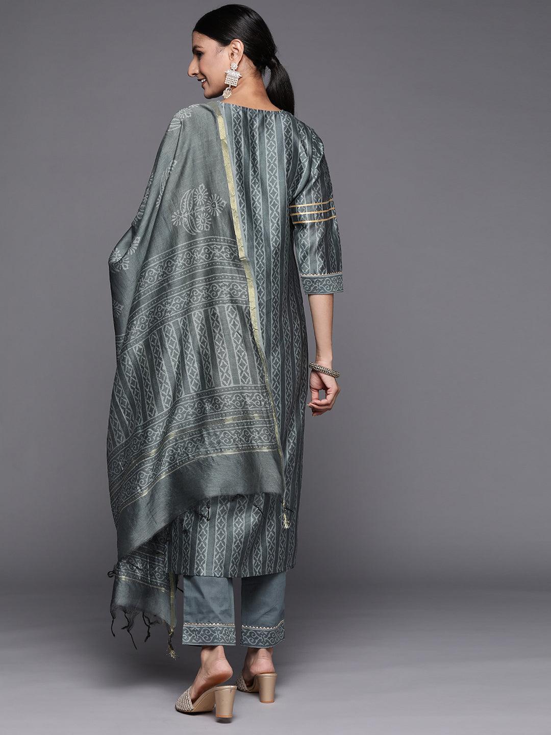 Grey Printed Chanderi Silk Straight Suit Set