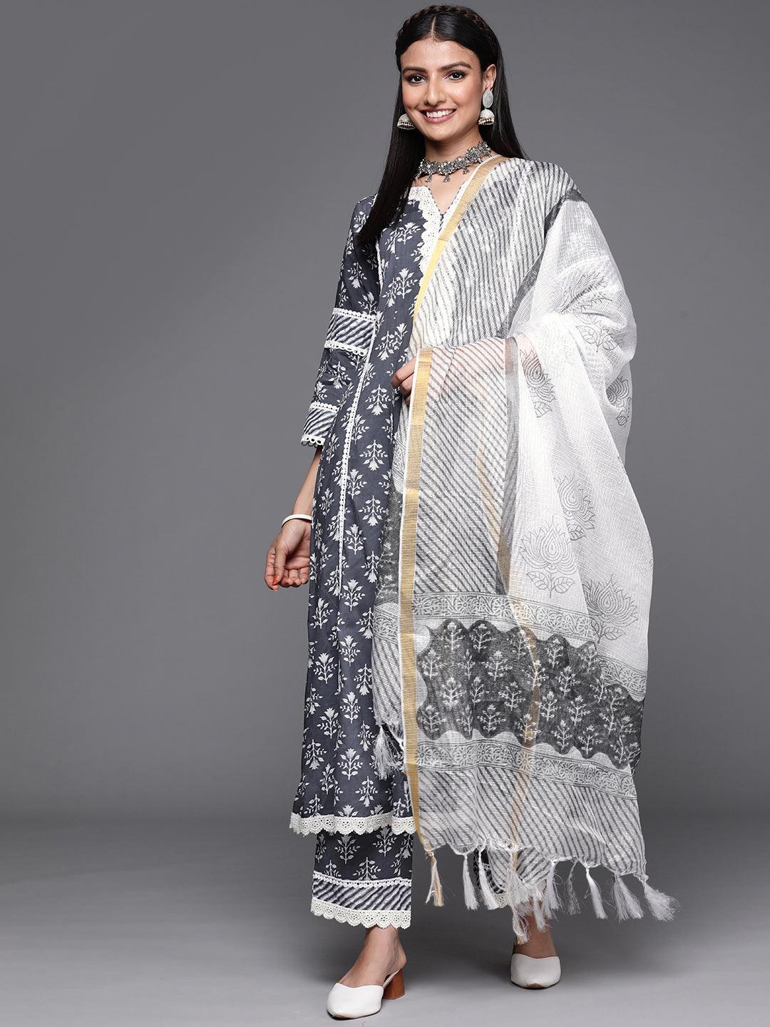 Grey Printed Cotton Suit Set - ShopLibas