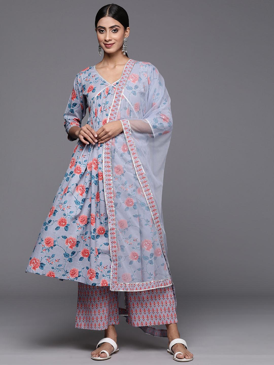 Grey Printed Cotton A-Line Kurta With Palazzos & Dupatta