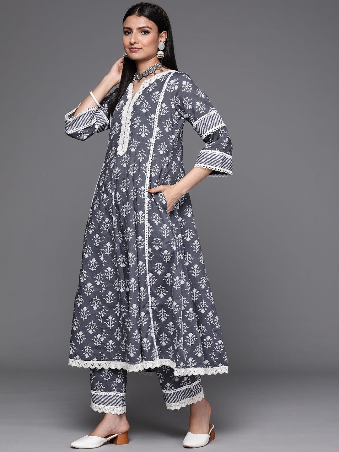 Grey Printed Cotton Suit Set