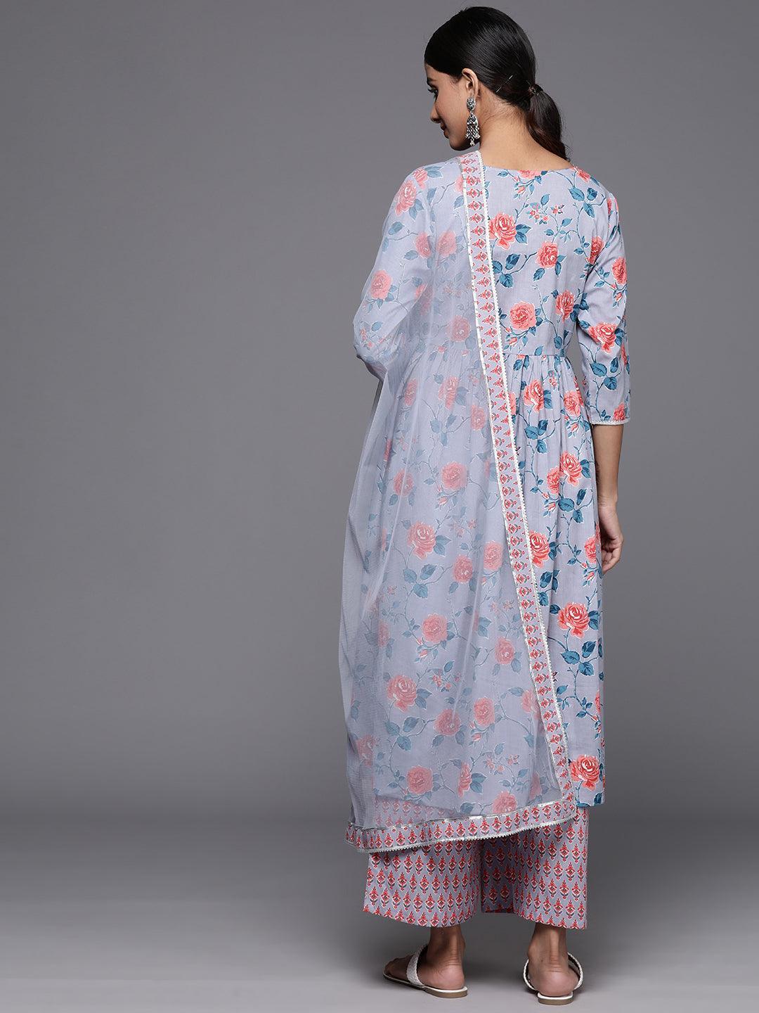 Grey Printed Cotton A-Line Kurta With Palazzos & Dupatta