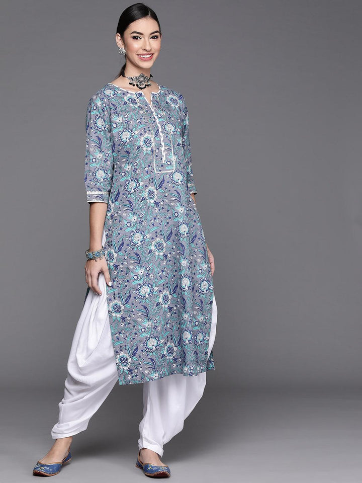 Grey Printed Cotton Kurta - Libas