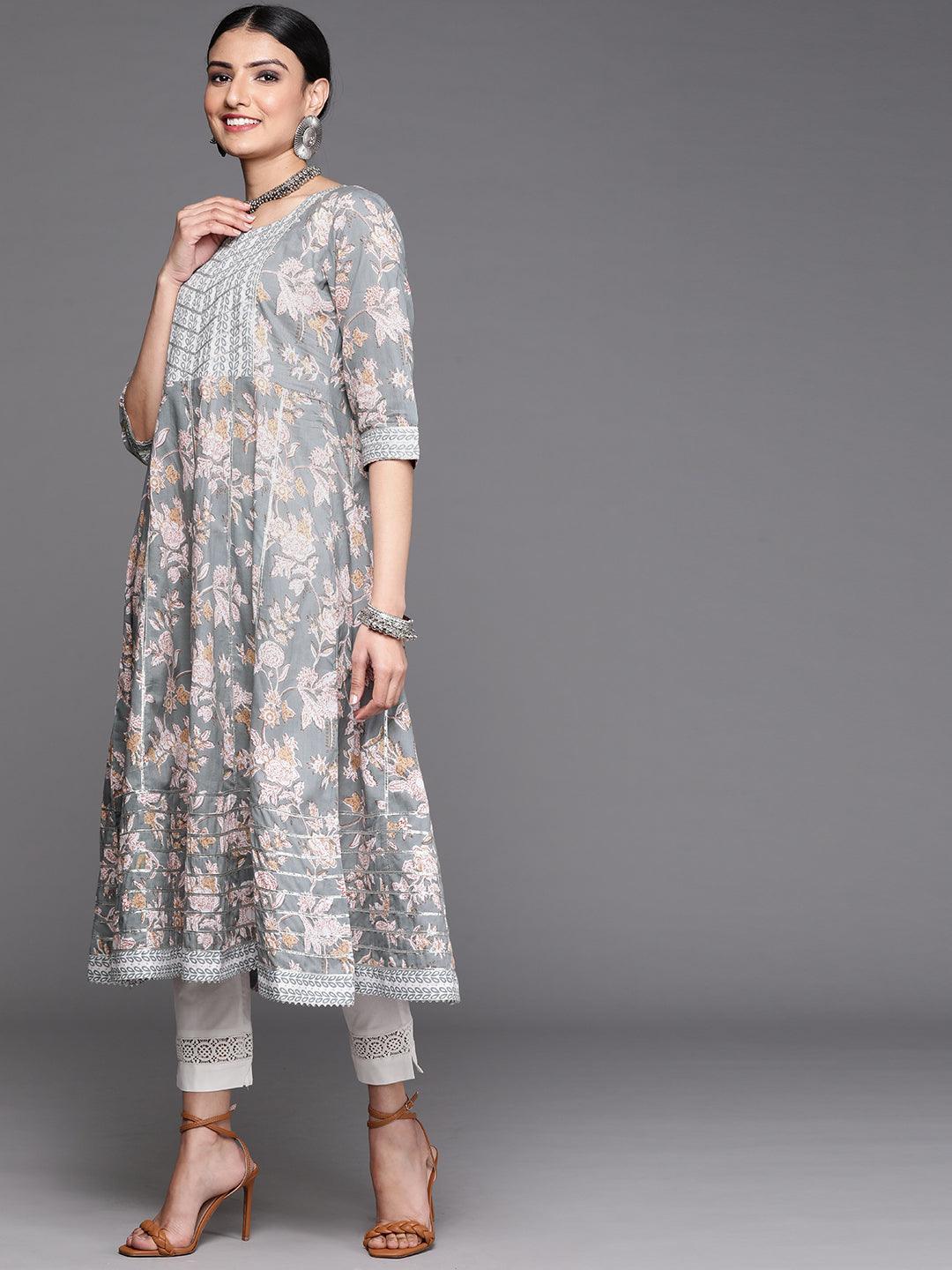 Grey Printed Cotton Kurta - Libas