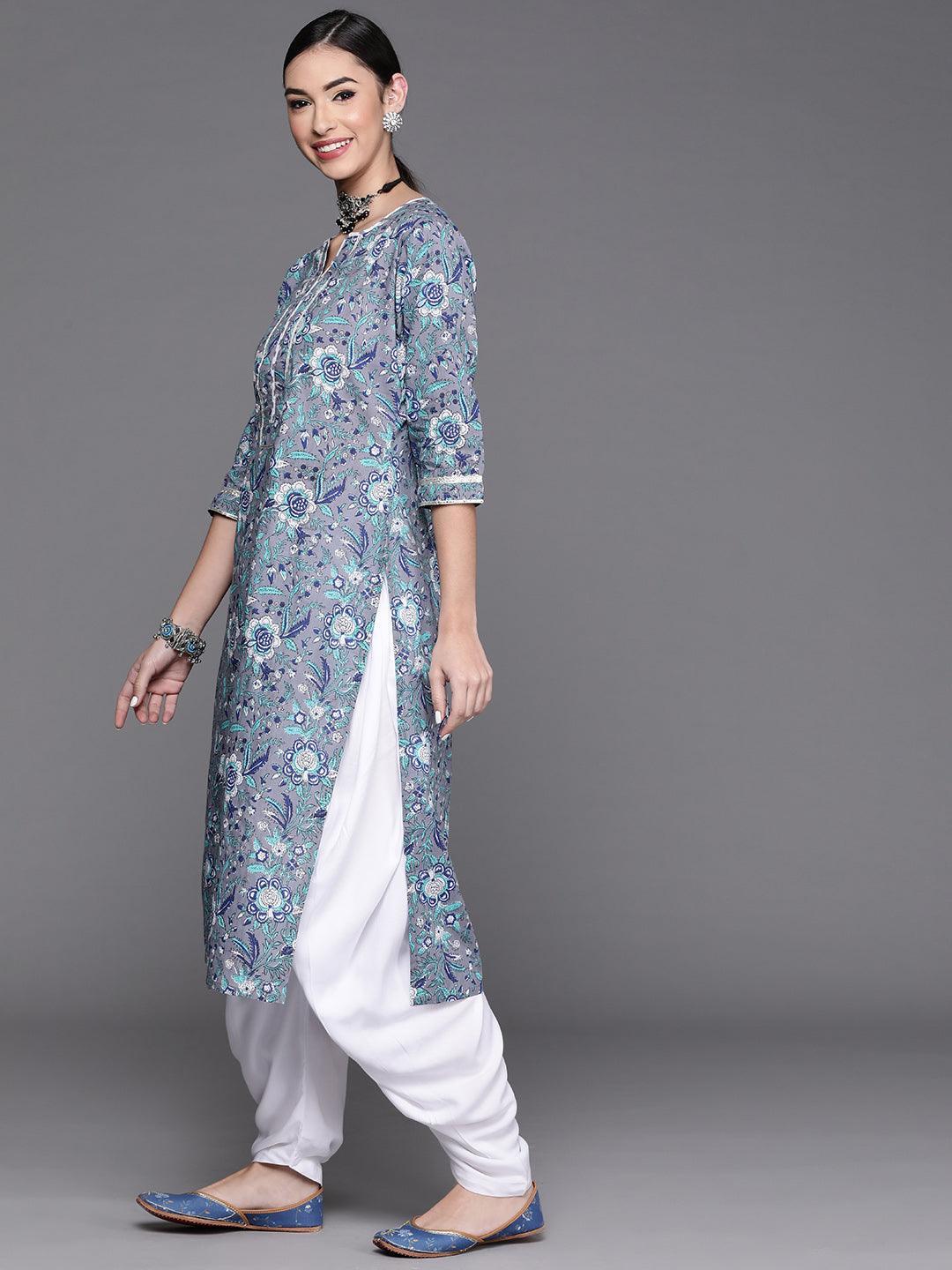 Grey Printed Cotton Kurta - Libas