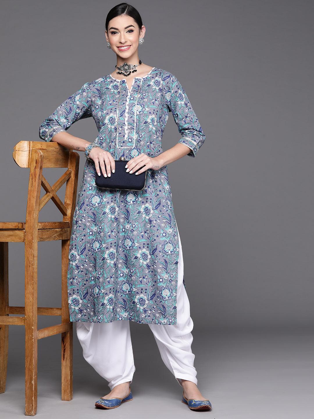 Grey Printed Cotton Kurta - Libas