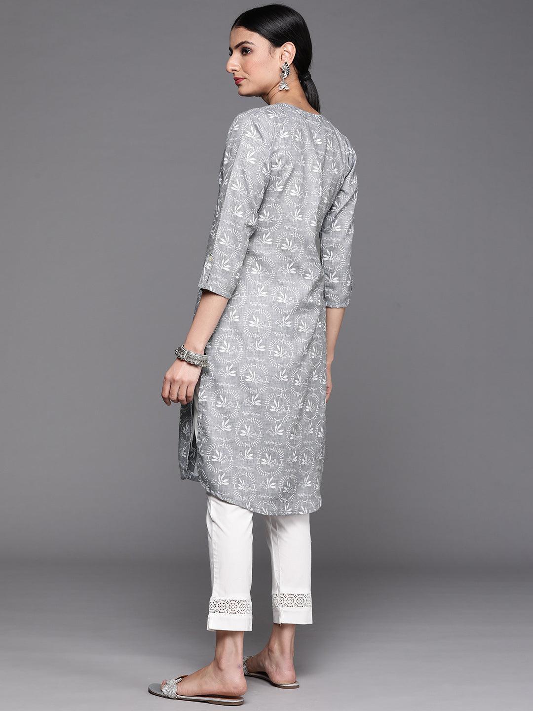 Grey Printed Cotton Kurta