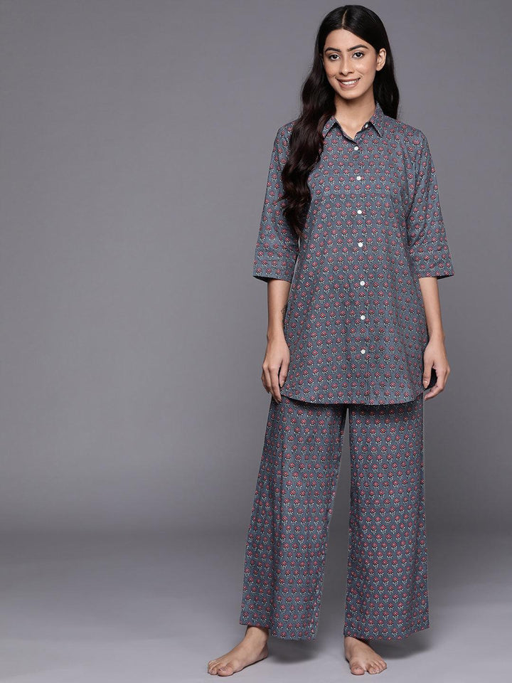 Grey Printed Cotton Night Suit - ShopLibas