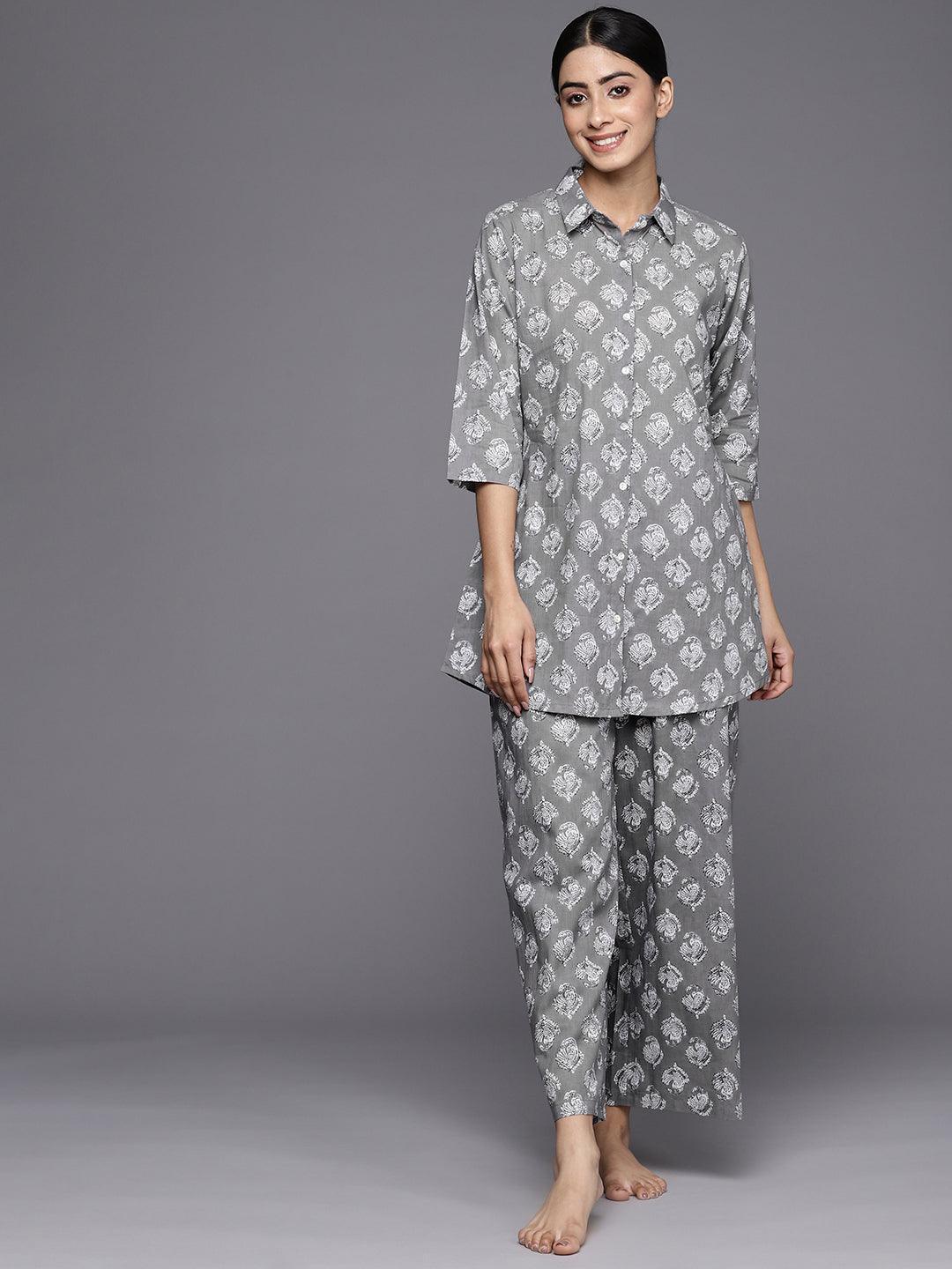 Grey Printed Cotton Night Suit