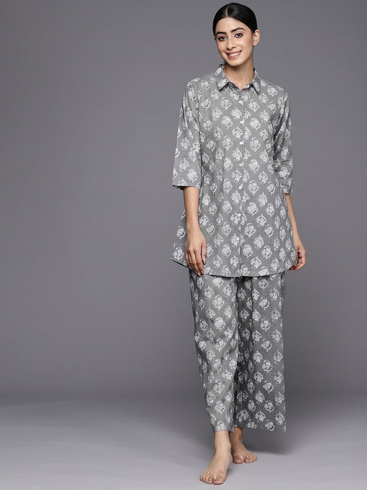 Grey Printed Cotton Night Suit - ShopLibas